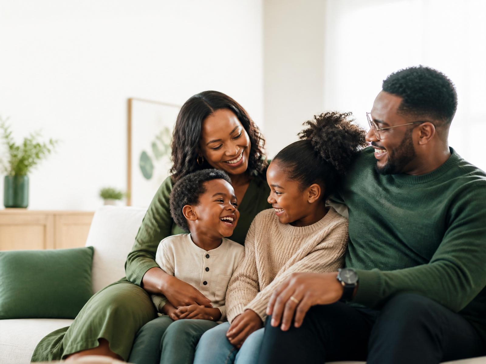 A caring clinician meeting warmly with a diverse family in a bright, welcoming room
